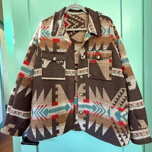 Shacket with Brown Red and Turquoise Native Print